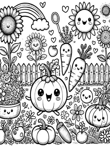 A black-and-white line art coloring page depicts a cheerful garden scene with smiling sunflowers, pumpkins, carrots, and…