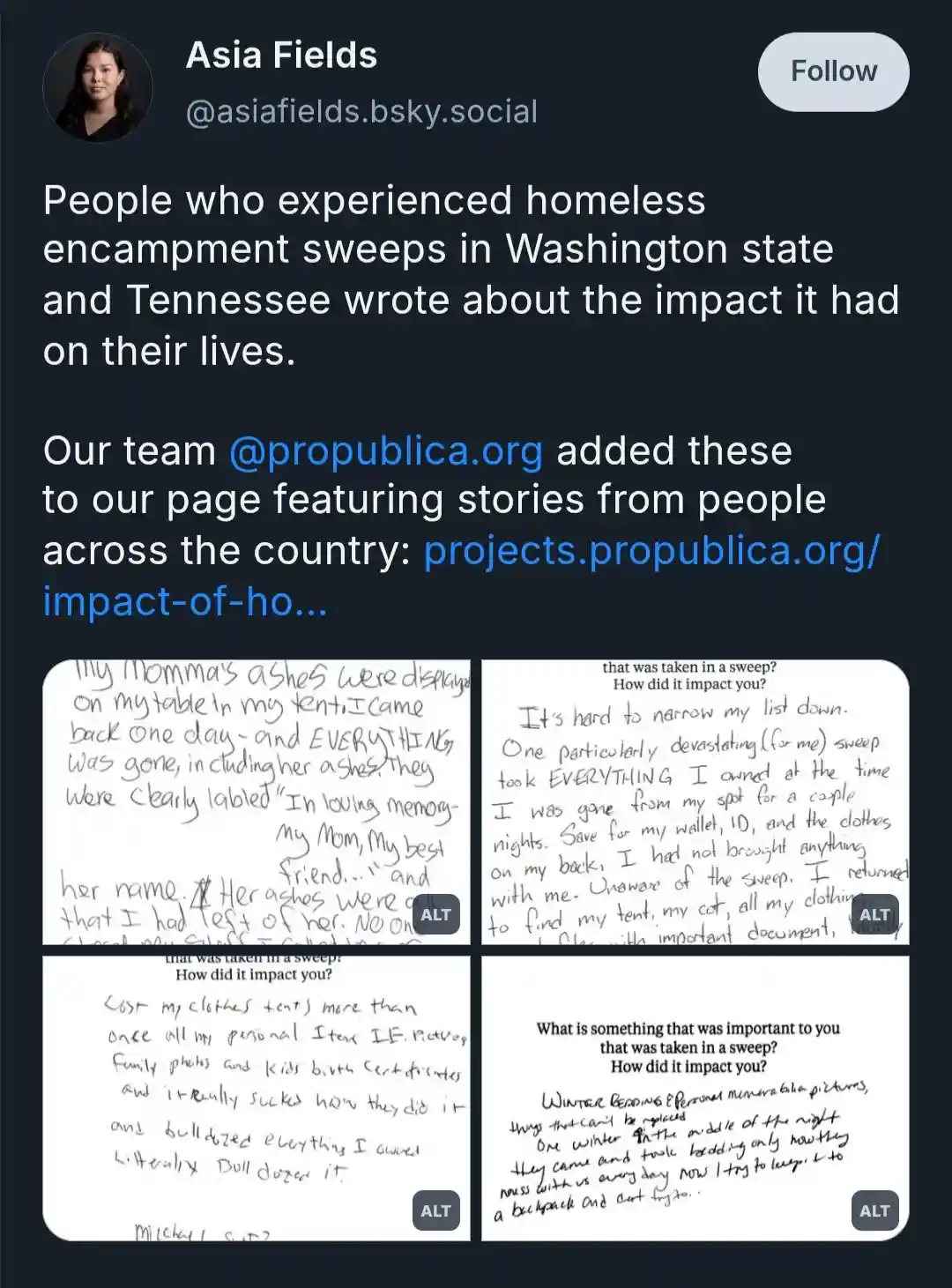 A social media post by Asia Fields shows four handwritten notes from people who experienced homeless encampment sweeps. Each…