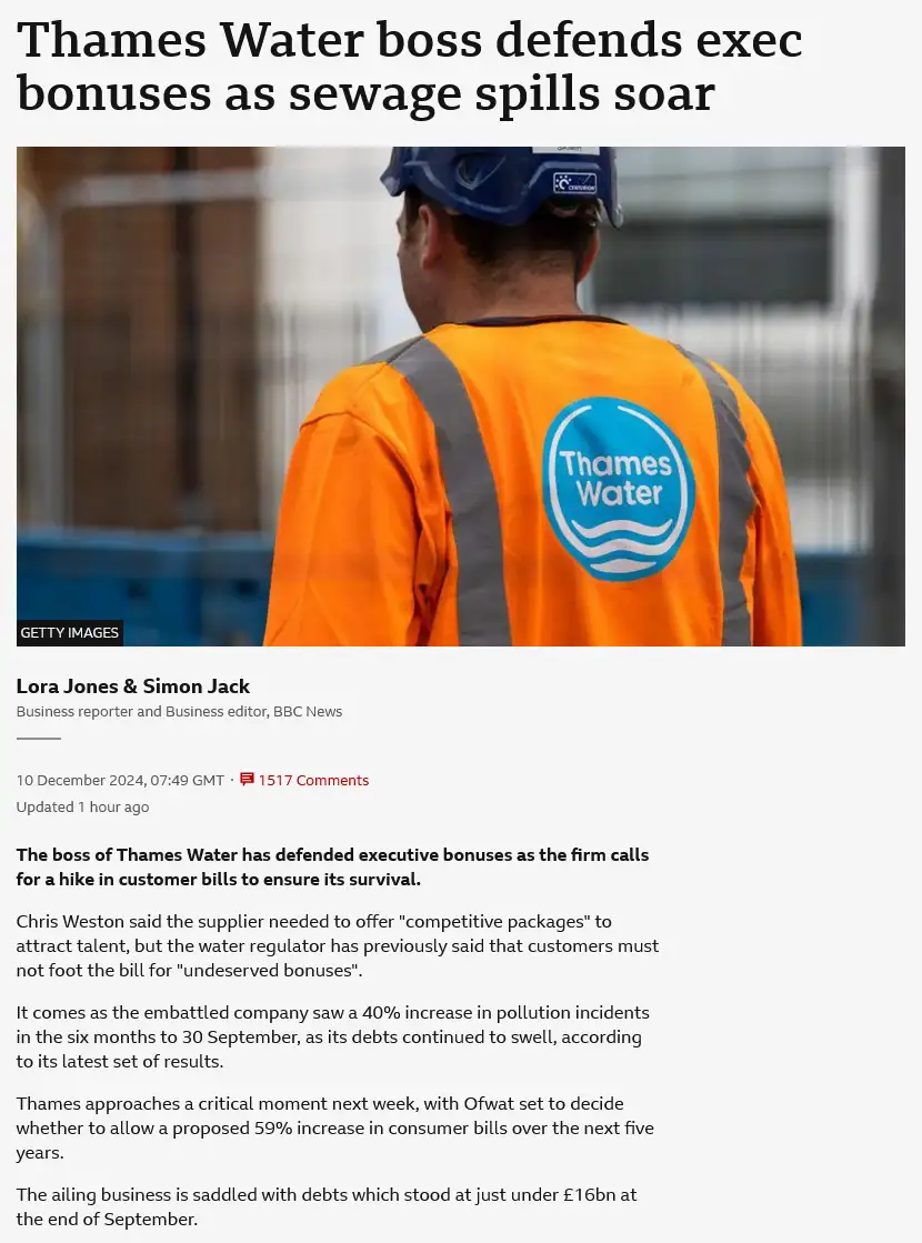 A news article screenshot shows a worker in an orange high-visibility vest with the 'Thames Water' logo on the back, viewed…
