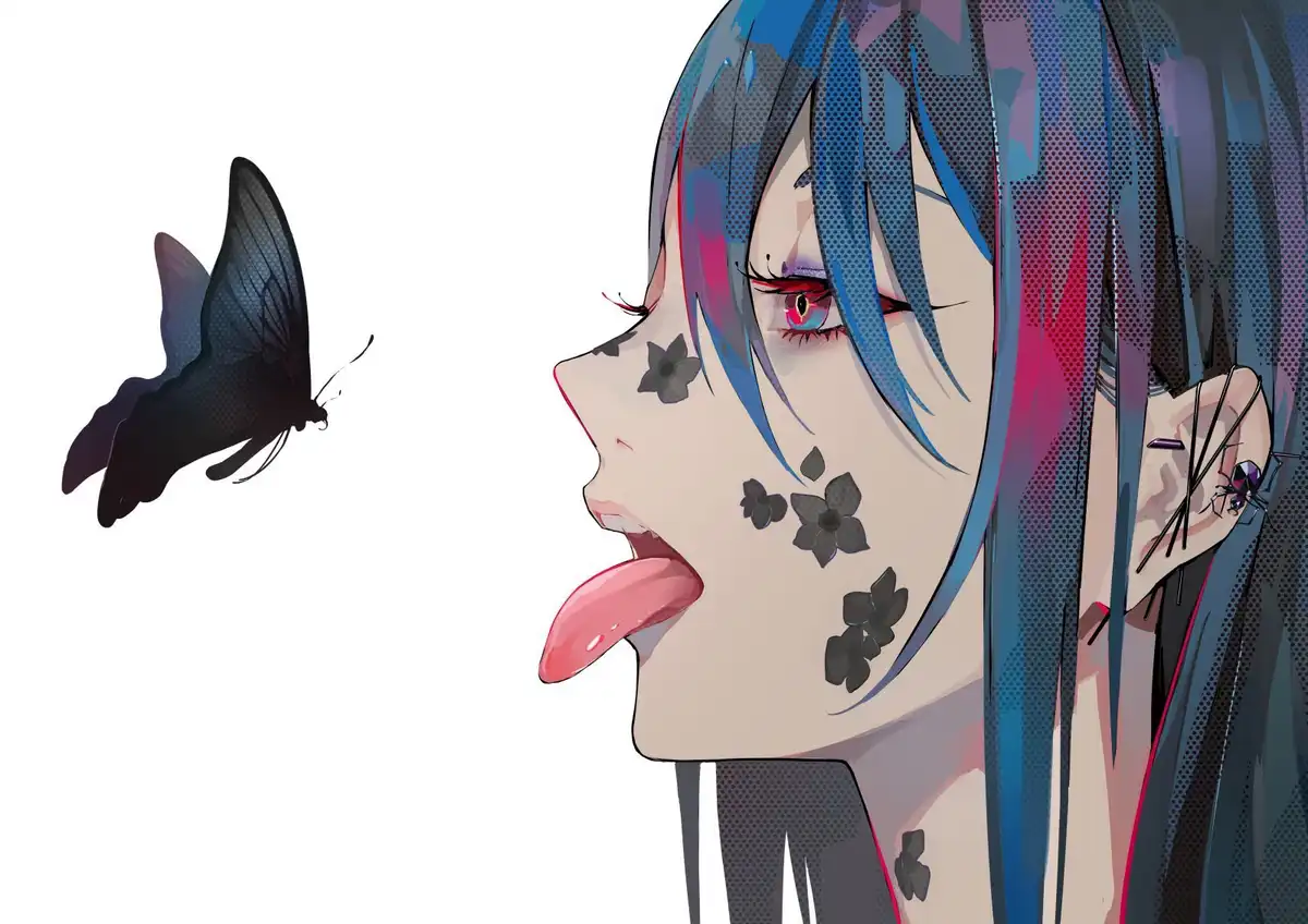 An anime-style illustration shows a person with blue hair and red eyes, sticking out their tongue toward a black butterfly…