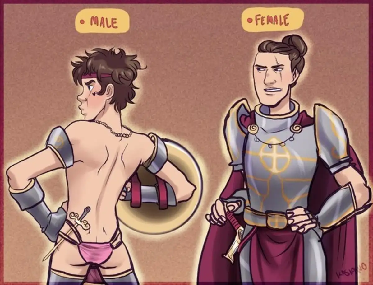 Two illustrated characters in medieval-style armor are shown side-by-side. The character on the left, labeled 'MALE', is…