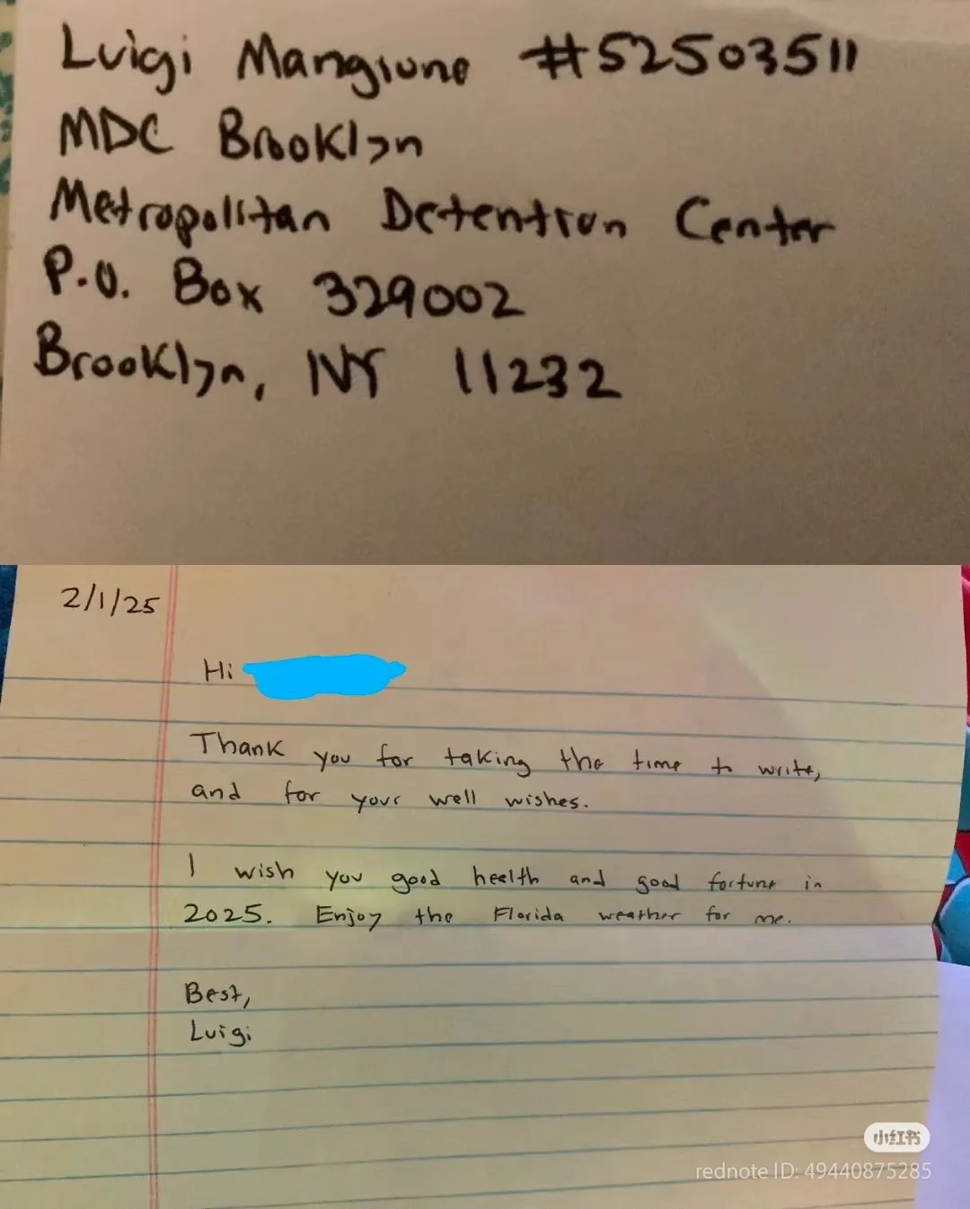 A handwritten letter from Luigi Mangione, who is incarcerated at the Metropolitan Detention Center in Brooklyn, addressed to…