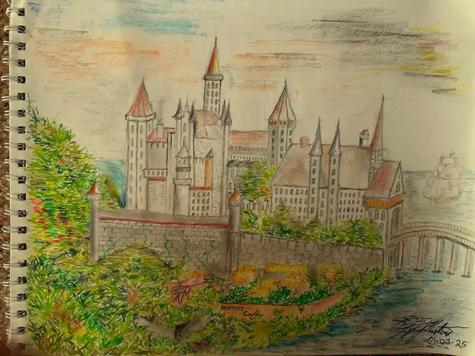 A colorful crayon drawing of a large, detailed castle with multiple spires and turrets, surrounded by greenery and a stone…