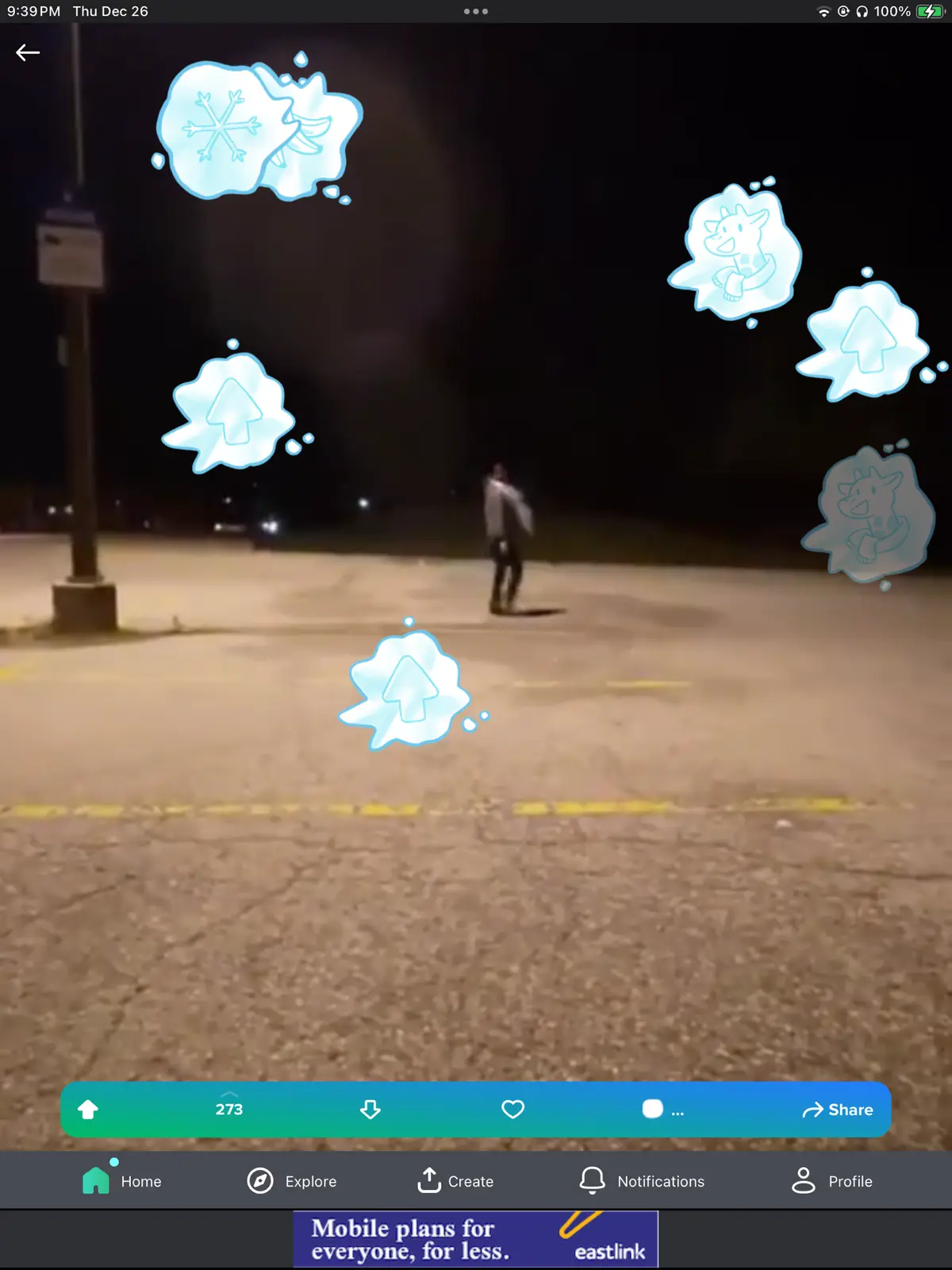 A blurry nighttime photo shows a person standing alone in a dimly lit parking lot, surrounded by floating cartoonish…