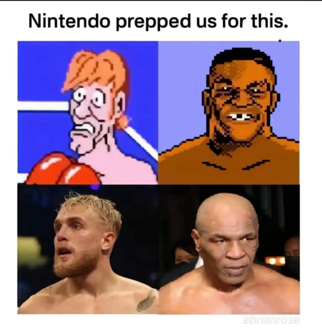 The image is a four-panel meme comparing pixelated video game characters to real-life boxers. Top left shows a pixelated…