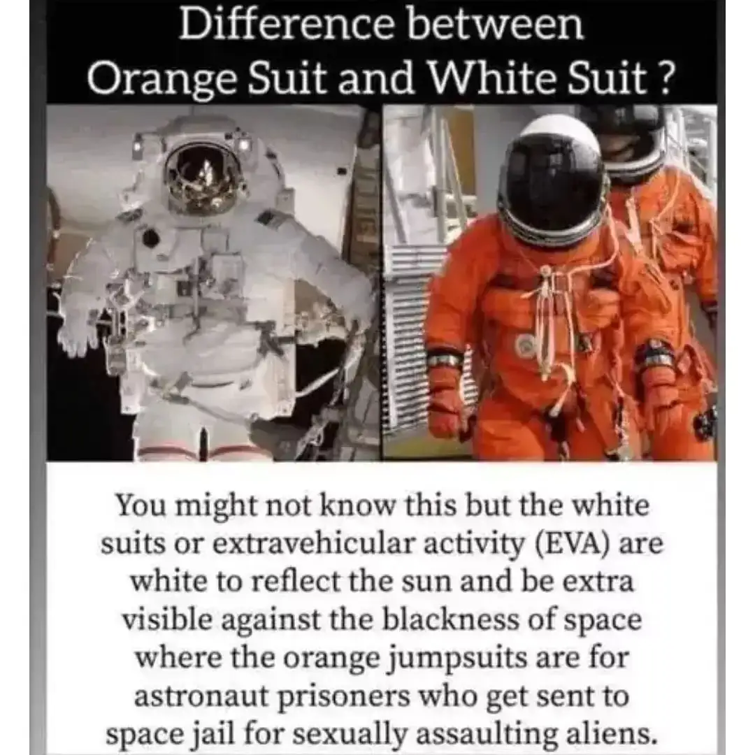 The image displays two side-by-side photos of astronauts in space suits: one in a white EVA suit and another in an orange…