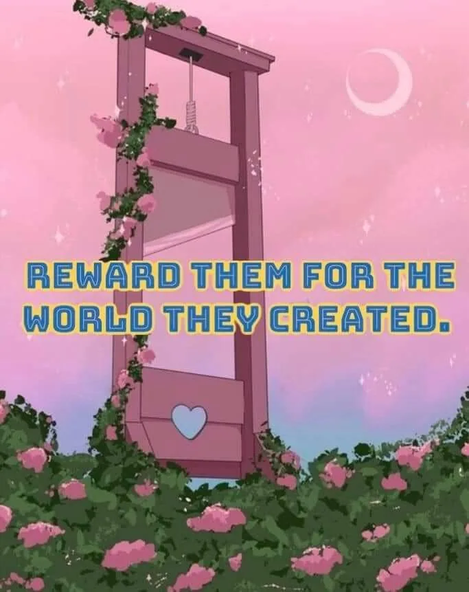 A pink, cartoon-style guillotine is shown surrounded by blooming pink roses and green vines, set against a pastel pink sky…