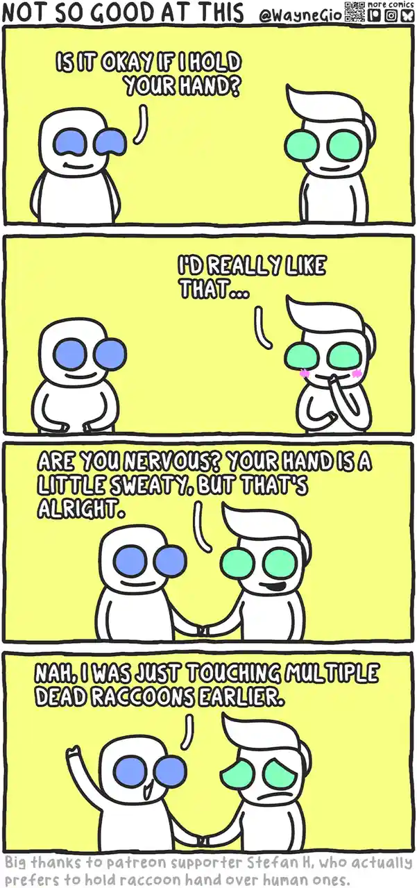 A four-panel comic strip featuring two cartoon characters with simple white bodies and large colored eyes. The first…