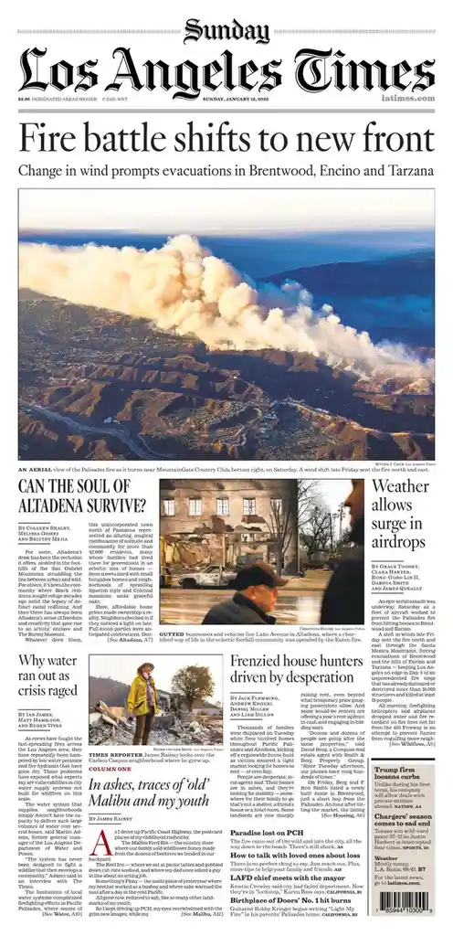 The image is a full-page spread from the Sunday Los Angeles Times dated January 15, 2025, featuring a large photo of a…