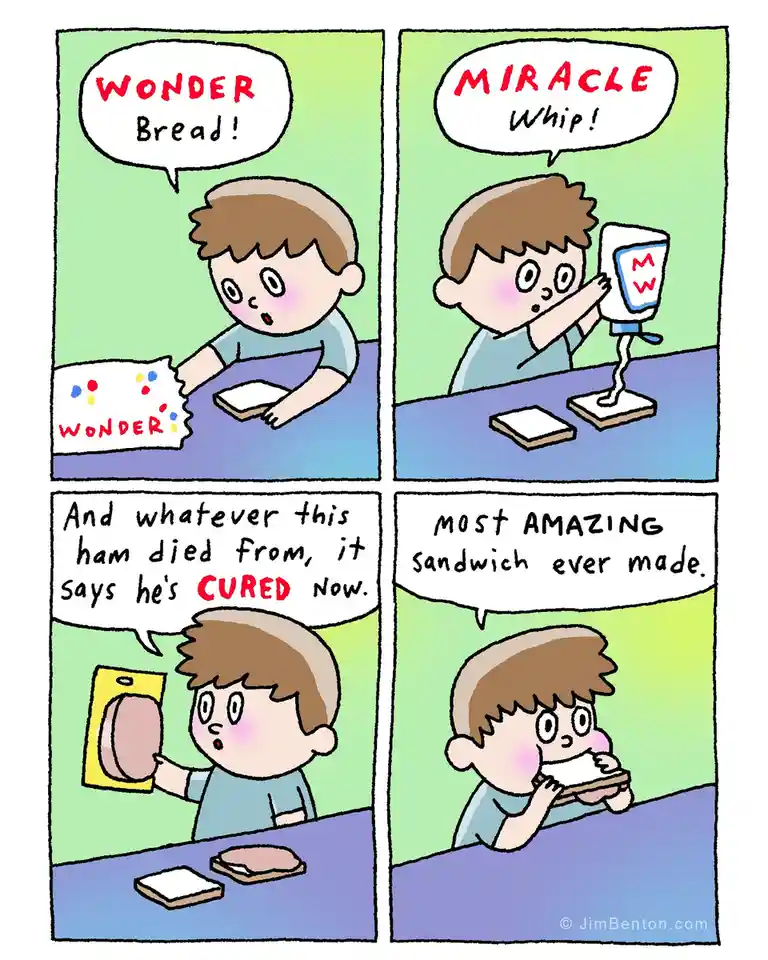 A four-panel comic shows a boy making a sandwich, exclaiming over 'Wonder Bread' and 'Miracle Whip,' then noting the ham is…