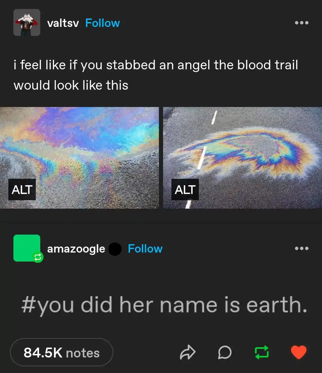 Two images show iridescent oil slicks on asphalt, one spreading like a trail, the other a circular patch. The overlaid text…
