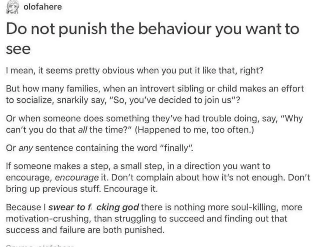 A screenshot of a text post by 'olofahere' with a white background and black text. The post argues against punishing…