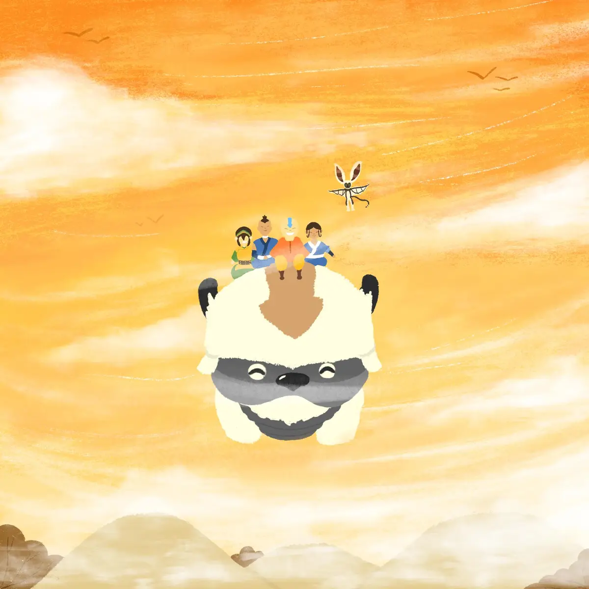 A stylized illustration shows four characters from Avatar: The Last Airbender sitting atop a large, fluffy, smiling creature…