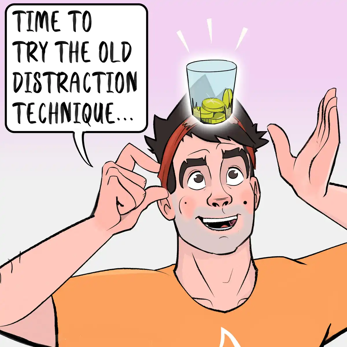 A cartoon man with dark hair and an orange shirt is shown with a glass of gold coins balanced on his head, glowing with…