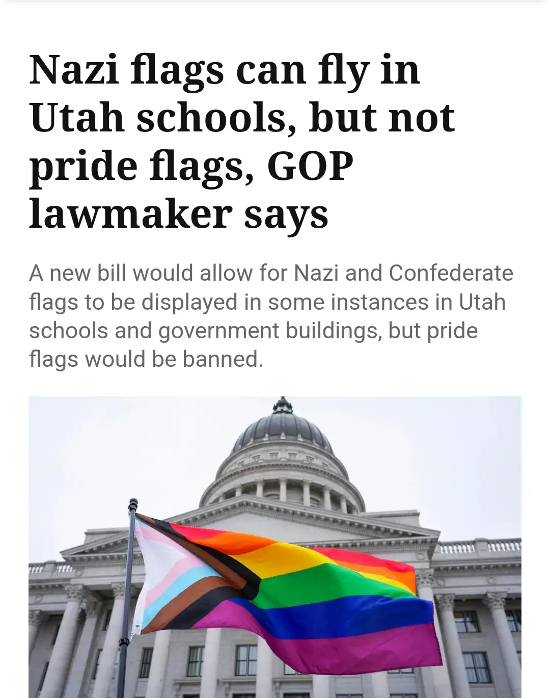 An image shows a rainbow pride flag flying in front of a large government building with a dome. Overlaid text reads 'Nazi…