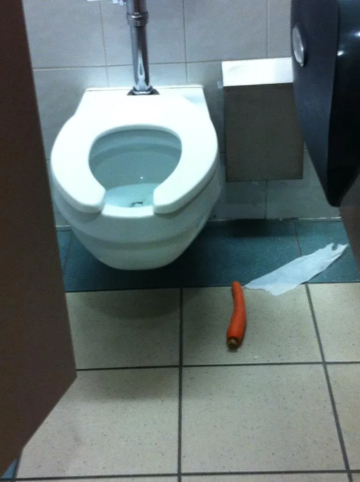 A photograph of a public restroom stall showing a white toilet with the seat up, a toilet paper dispenser to the right, and…