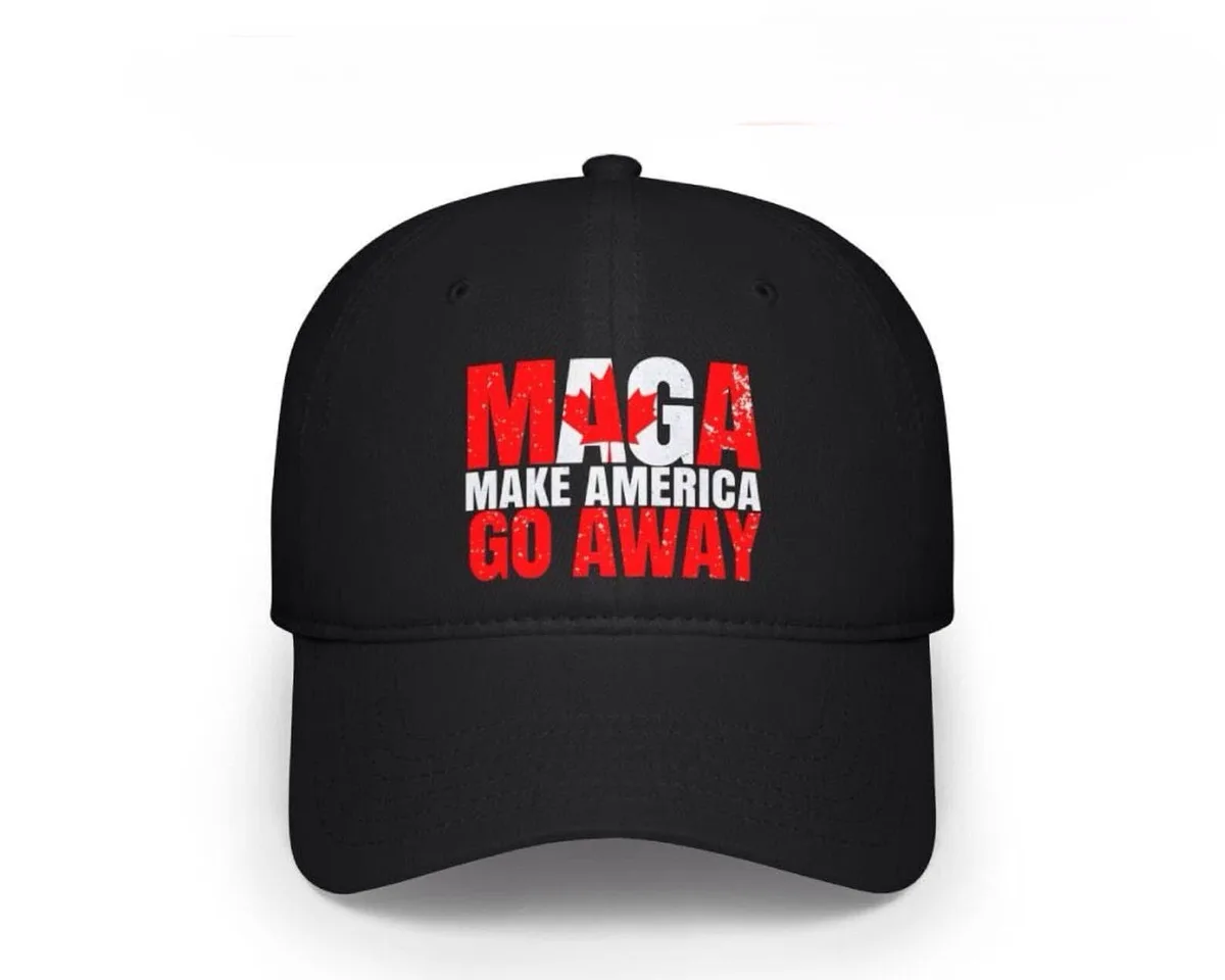 A black baseball cap displays the phrase 'MAGA MAKE AMERICA GO AWAY' in bold red and white text, with the 'A' in 'MAGA'…