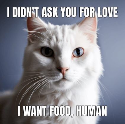 A close-up of a white cat with one blue eye and one brown eye, looking directly at the camera with a serious expression. The…