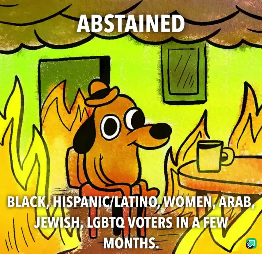 A cartoon dog wearing a hat sits calmly in a room engulfed in flames, holding a mug. The text at the top reads 'ABSTAINED'…