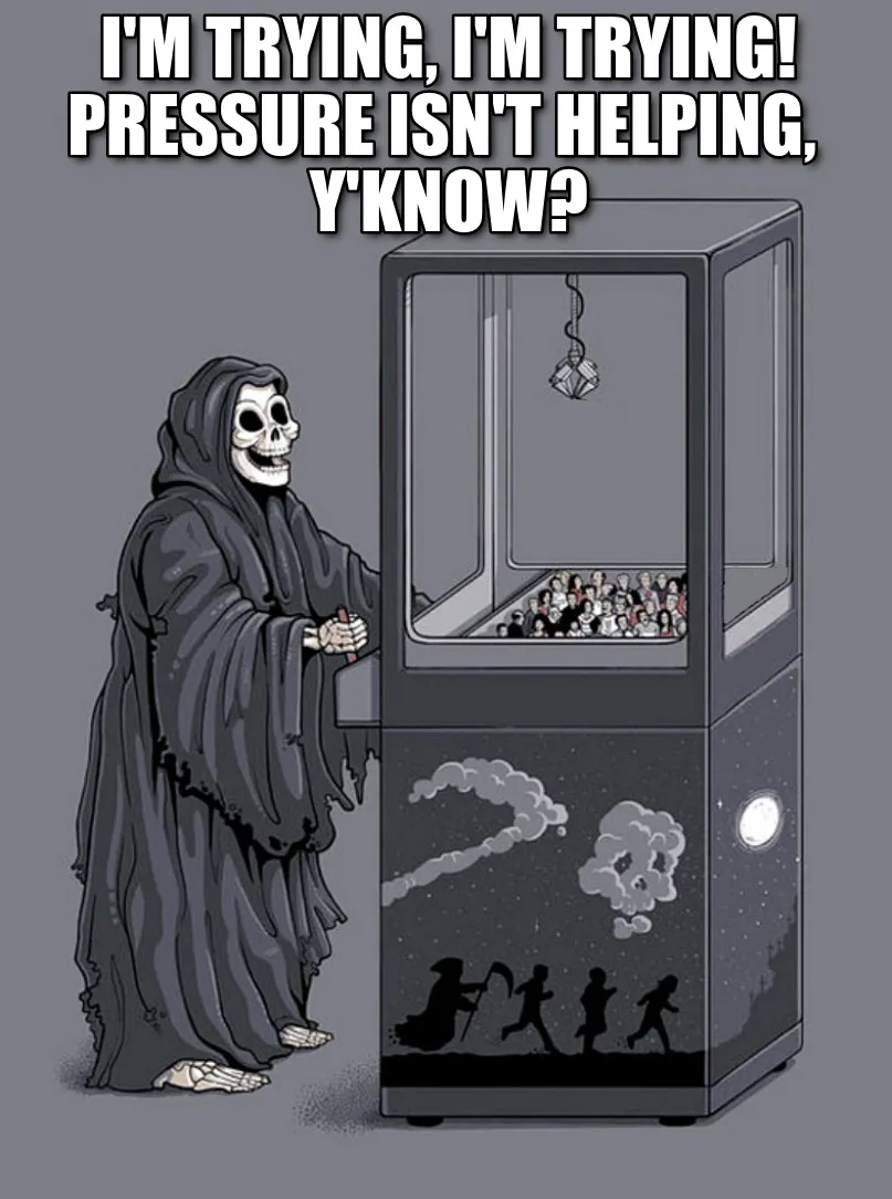 A cartoon depiction of the Grim Reaper, dressed in a dark robe and hood, standing beside a claw machine filled with small…