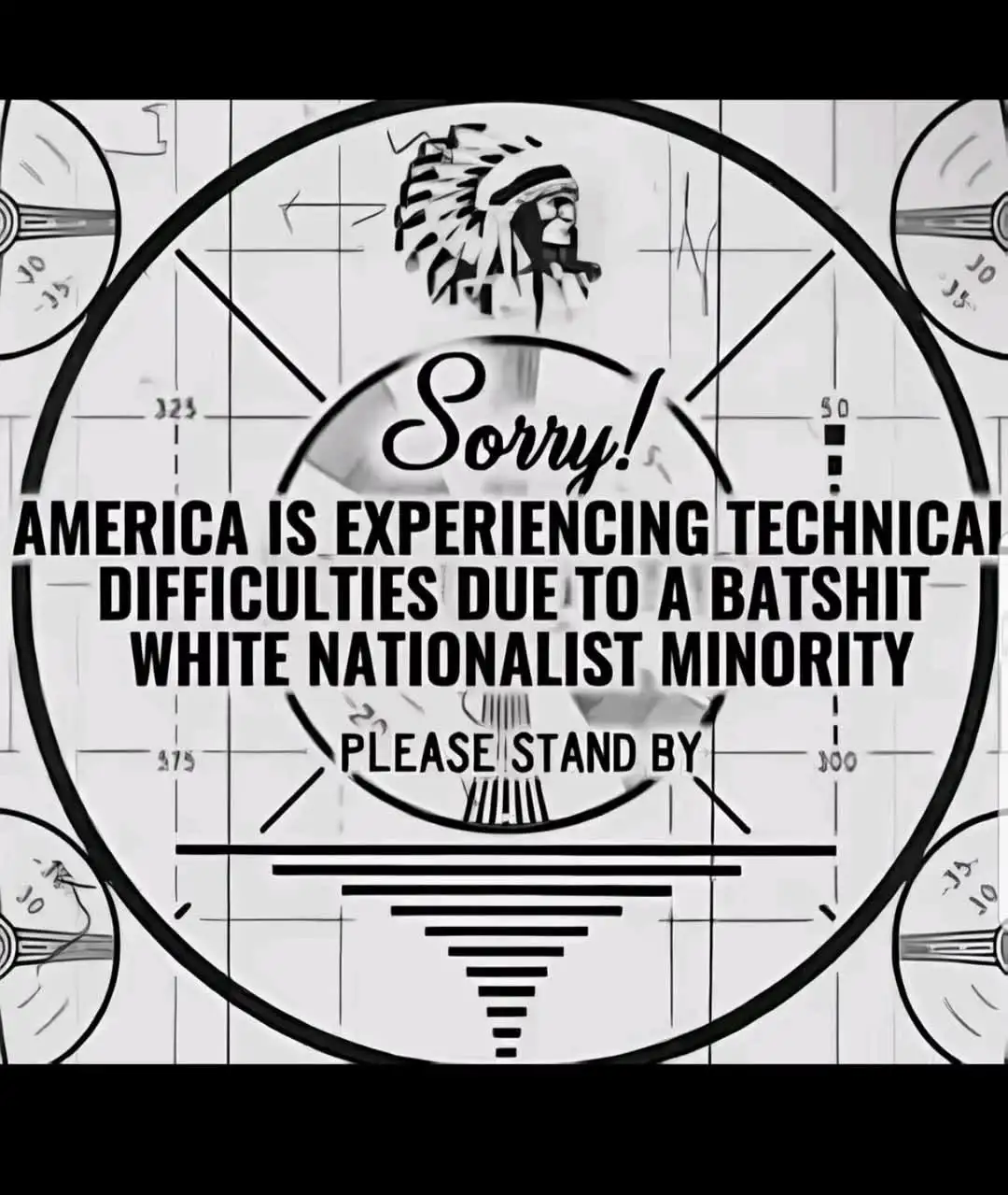A black-and-white image resembling a vintage radar or targeting scope interface, featuring a stylized Native American…