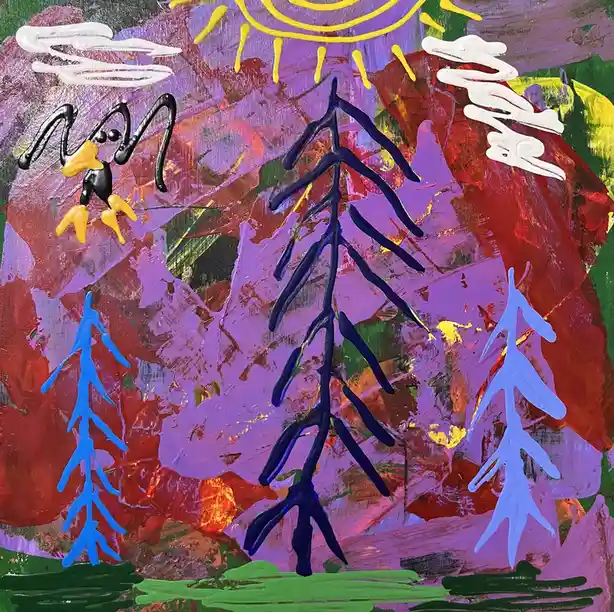 A colorful, textured painting depicts a childlike scene with three stylized trees in blue, black, and light blue, a yellow…