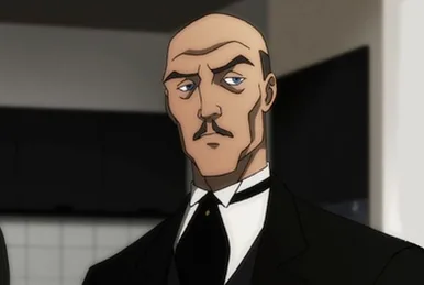 An anime character with a bald head, mustache, and stern expression wears a black suit and tie. The overlaid text reads 'I'm…