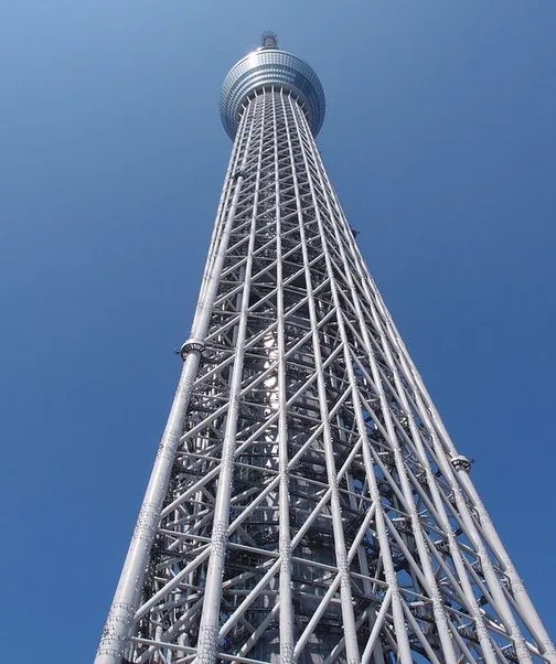 A low-angle photograph of the Tokyo Skytree against a clear blue sky, showing its tall, lattice-like metal structure…