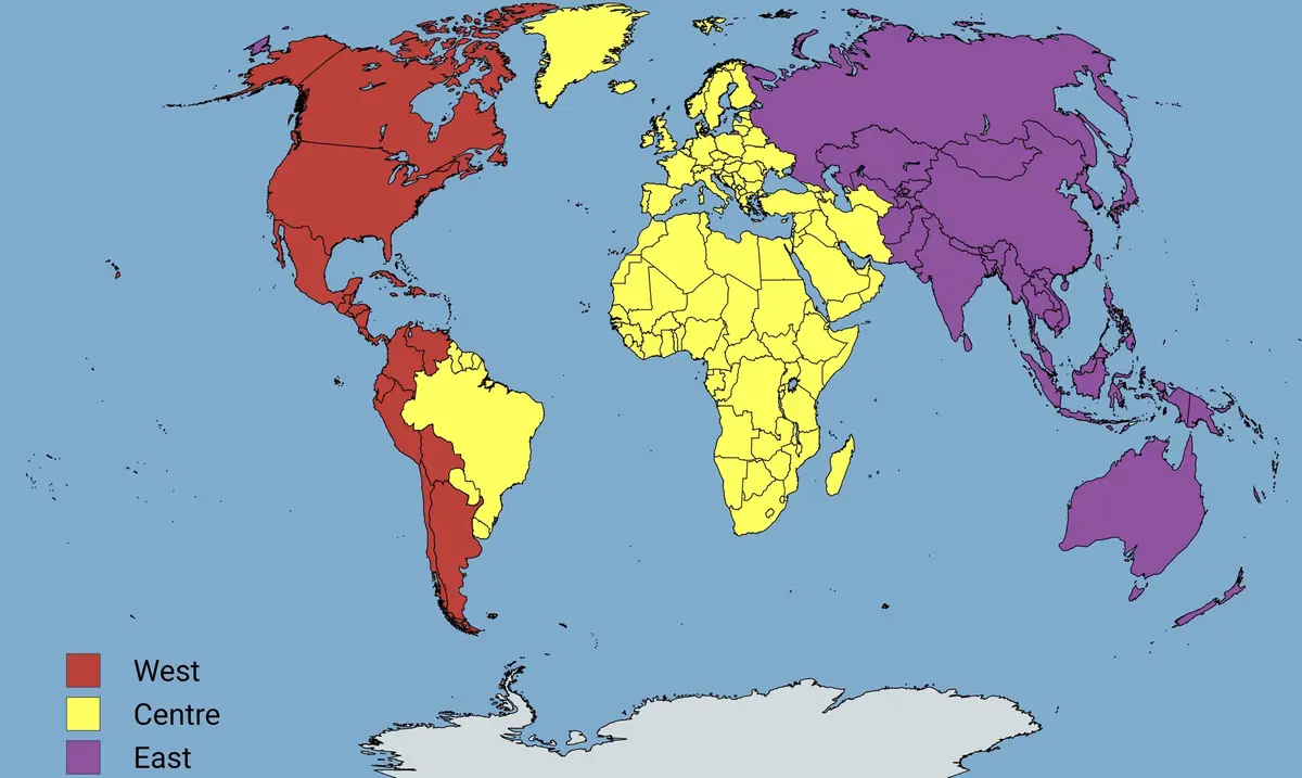 A world map colored in red, yellow, and purple, with a legend in the bottom left indicating red as 'West', yellow as…
