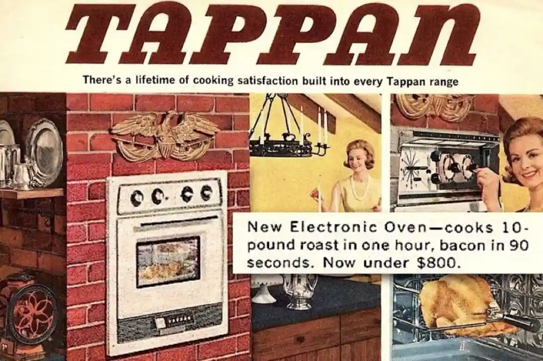 This vintage Tappan oven advertisement features a retro kitchen scene with a brick wall, a white oven, and illustrations of…
