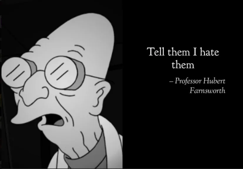 A black-and-white image of the animated character Professor Hubert Farnsworth from Futurama, shown with a shocked or…