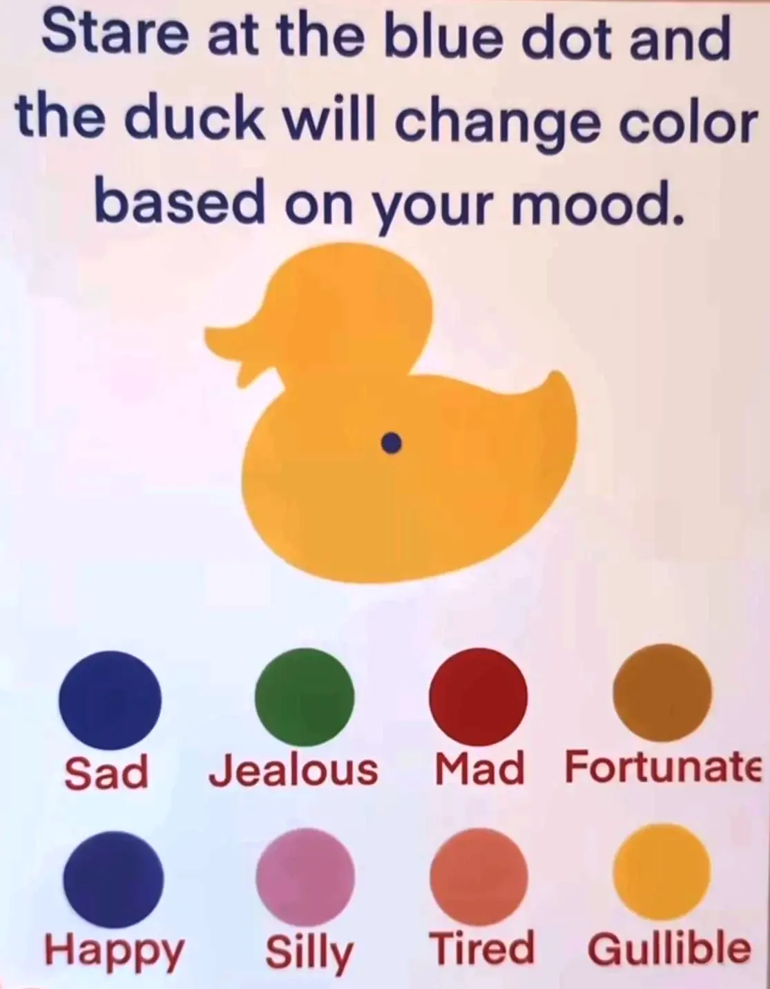 An image shows a yellow rubber duck with a blue dot on its chest. Above it, text instructs to stare at the dot to make the…