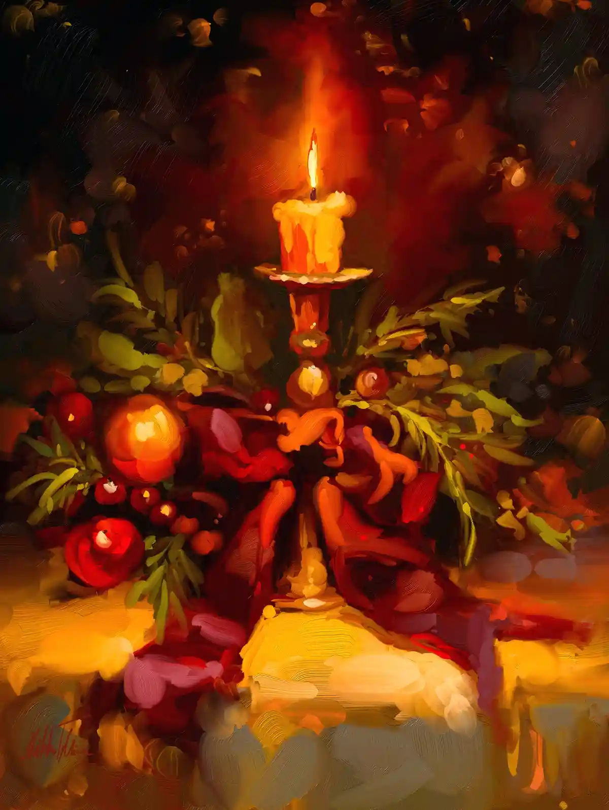 A painterly, impressionistic artwork depicts a single lit candle on a tall, ornate candlestick, surrounded by an abstract…