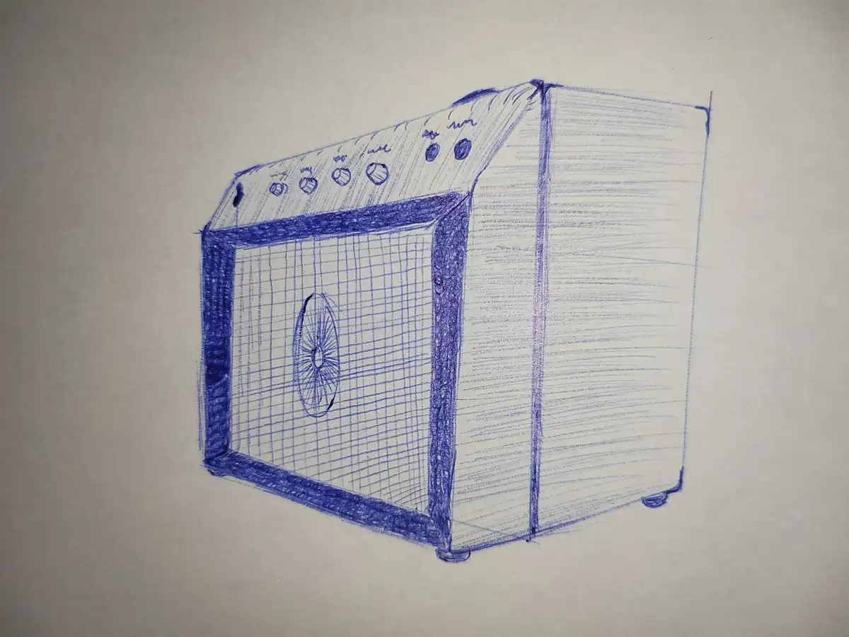 A hand-drawn blue ink sketch of a vintage-style guitar amplifier on plain paper, featuring a speaker grille, control knobs…
