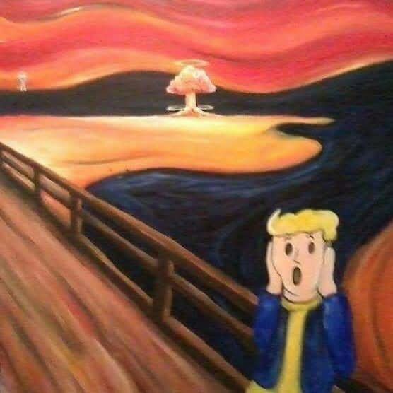 The image is a digitally altered version of Edvard Munch's 'The Scream,' where the original figure is replaced with a…