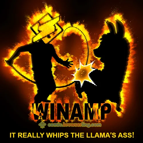 Two silhouetted figures, one resembling a human with a boombox head and the other a llama, are shown in a fiery, pixelated…