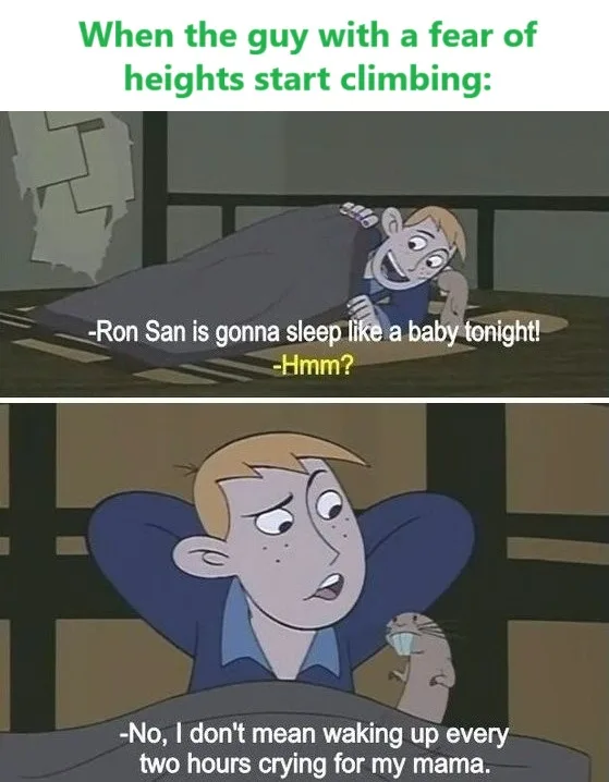 The meme features two panels from the animated series 'The Amazing World of Gumball'. In the top panel, Ron San, a character…