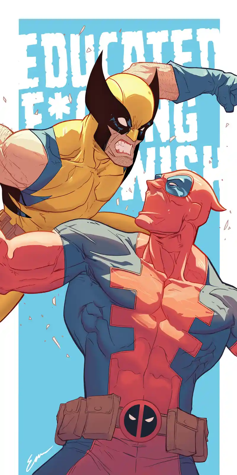 A comic-style illustration shows Wolverine in his yellow and blue costume, angrily grabbing Deadpool by the neck. Deadpool…