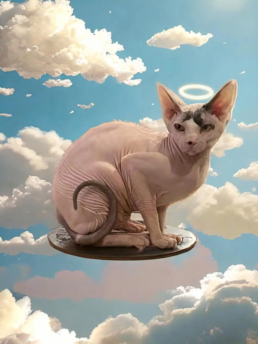 A hairless sphynx cat with a halo sits calmly on a floating circular platform amidst fluffy white clouds against a blue sky…