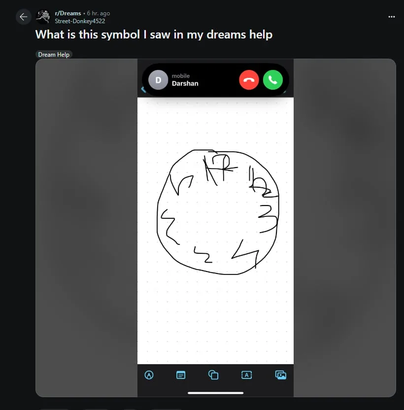 A screenshot of a Reddit post from r/Dreams shows a phone call interface with a contact named Darshan. The call screen…