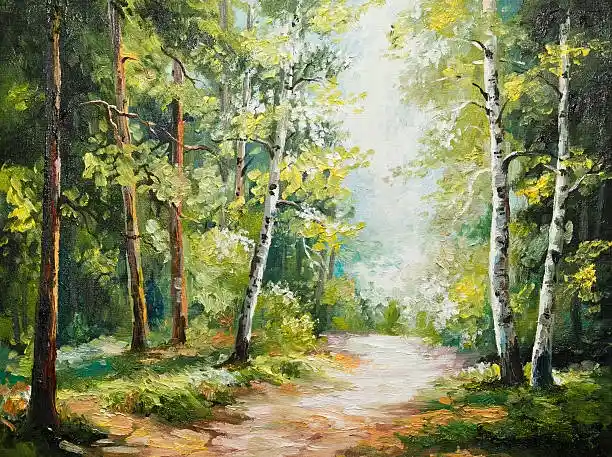 A serene oil painting depicts a sun-dappled forest path winding through birch and other trees, with soft light filtering…