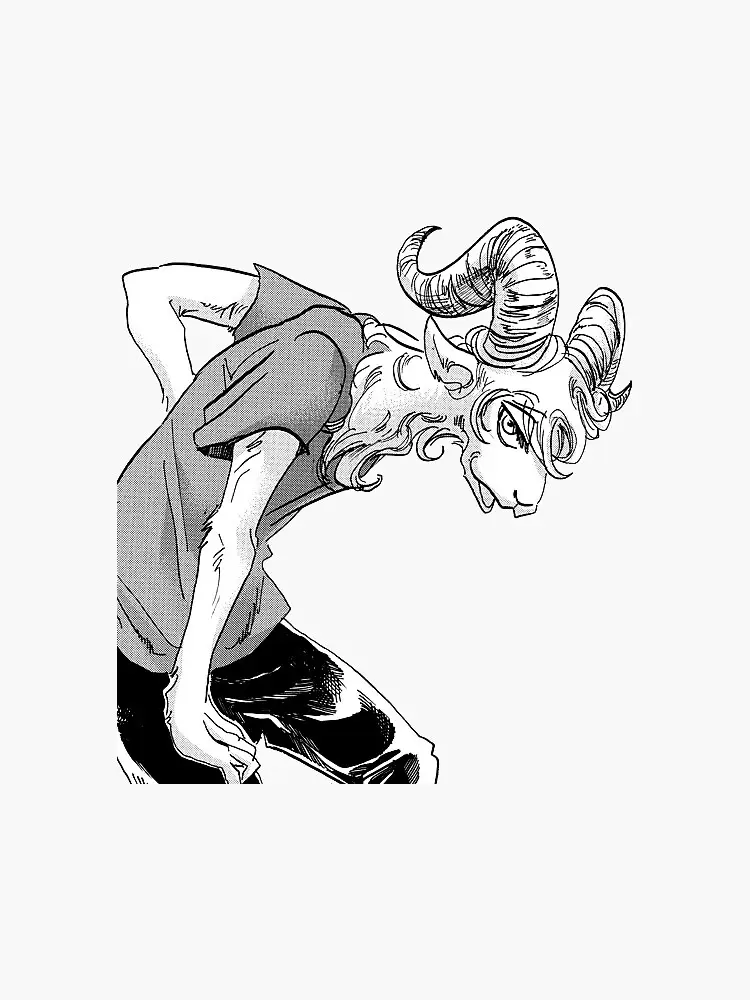 A black-and-white manga-style illustration shows a humanoid figure with a goat's head, large curved horns, and expressive…
