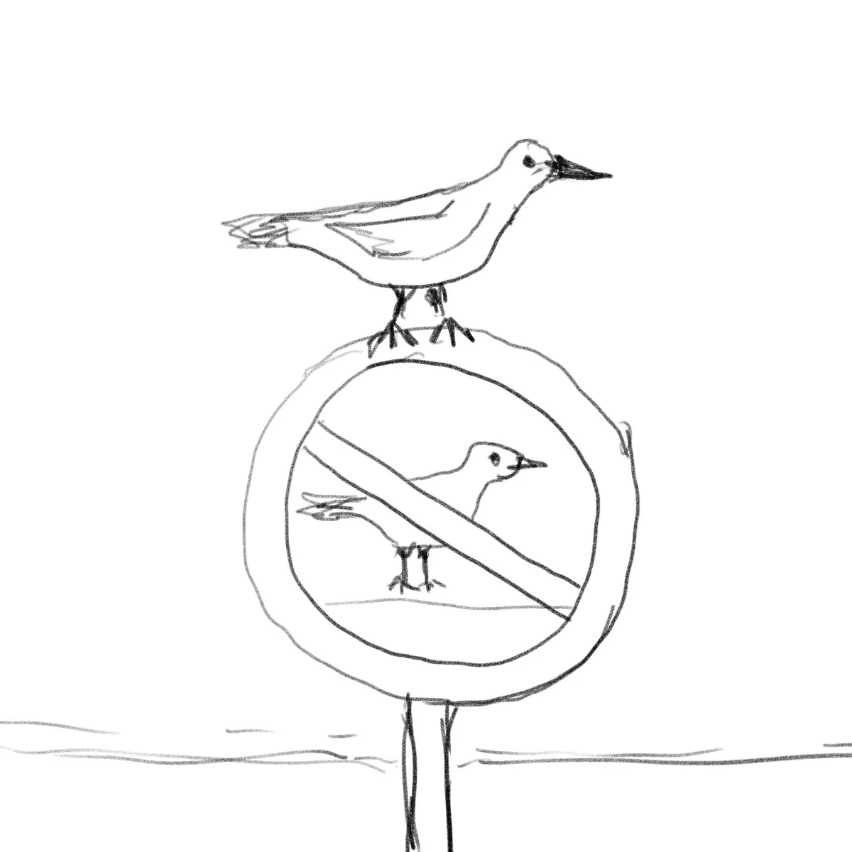 A simple black-and-white sketch shows a bird perched atop a circular sign. The sign features a drawing of a bird with a…