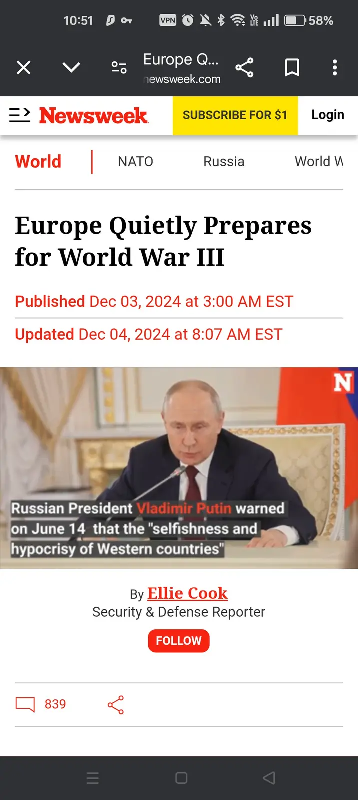 A screenshot of a Newsweek article titled 'Europe Quietly Prepares for World War III' published in December 2024, featuring…