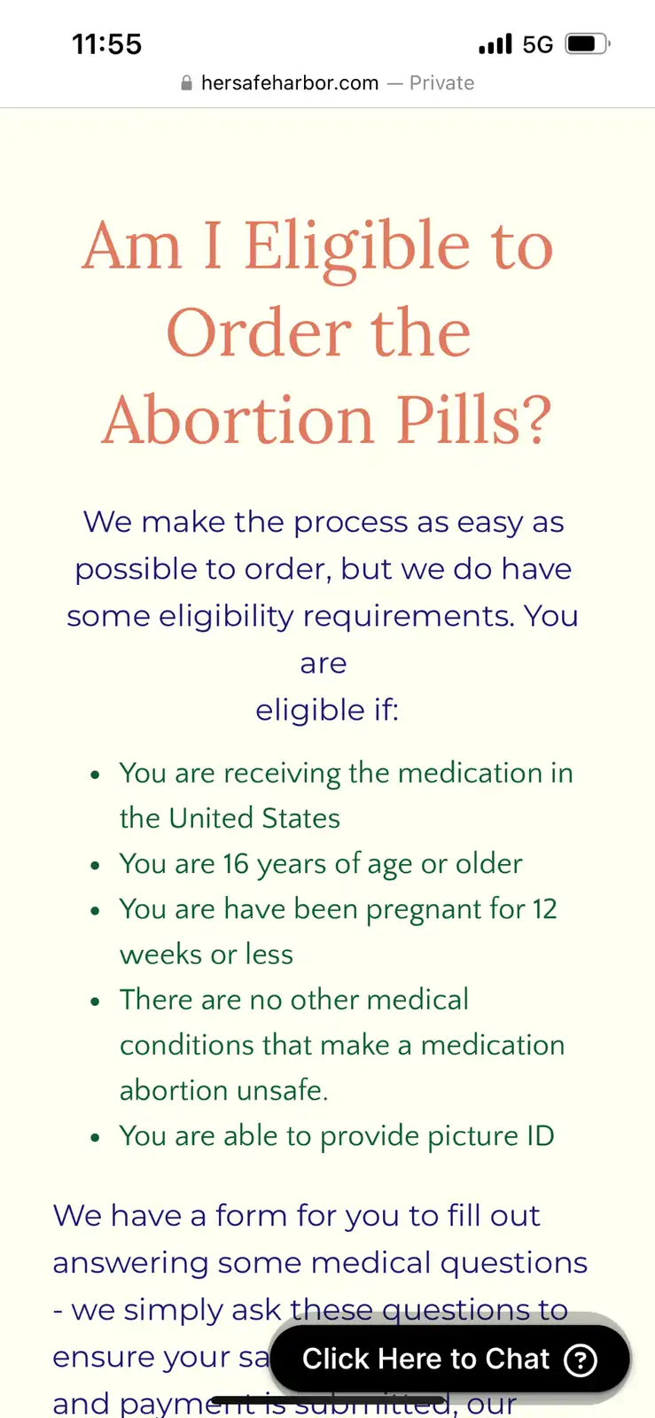 A screenshot of a webpage from 'hersafeharbor.com' titled 'Am I Eligible to Order the Abortion Pills?' lists eligibility…