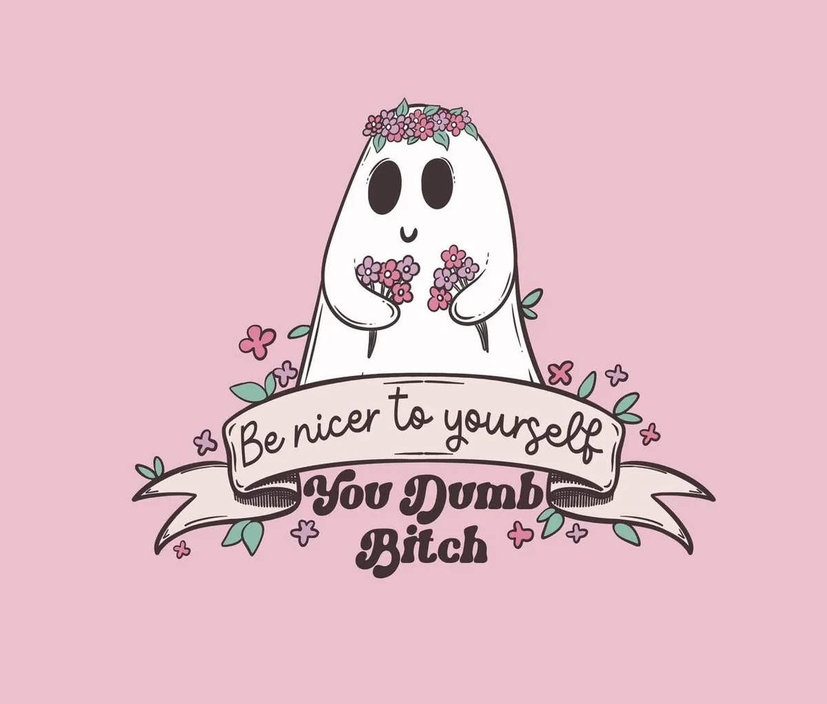 A cute, cartoon-style ghost with a floral crown and holding two small bouquets of pink flowers against a soft pink…