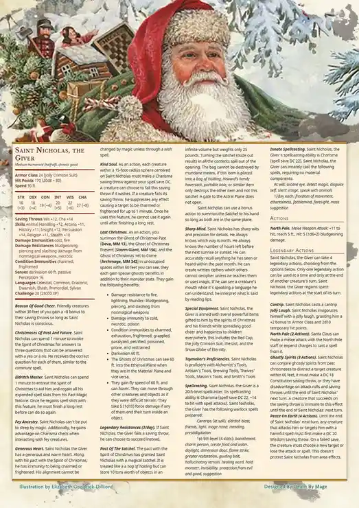A Dungeons & Dragons character sheet for 'Saint Nicholas, the Giver' is overlaid on a photo of a man in a red hat and scarf…