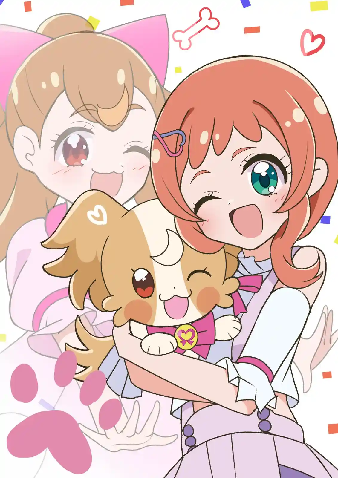 Two anime-style girls with large expressive eyes and cute outfits are joyfully hugging a small, smiling dog-like creature…