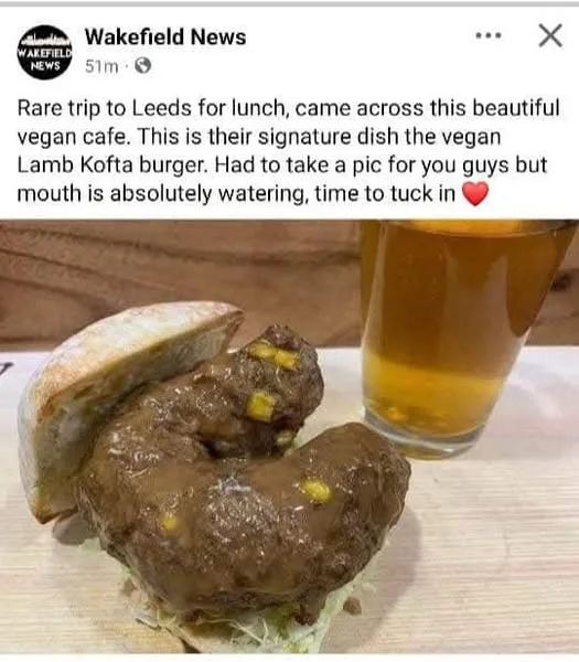 A social media post from 'Wakefield News' shows a close-up of a burger with a large, dark, textured patty that looks like a…