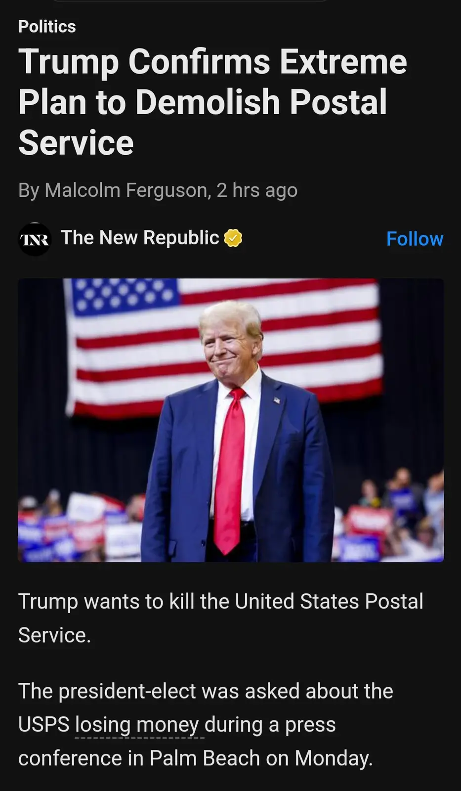 A screenshot of a news article from The New Republic with a headline about Trump confirming an extreme plan to demolish the…